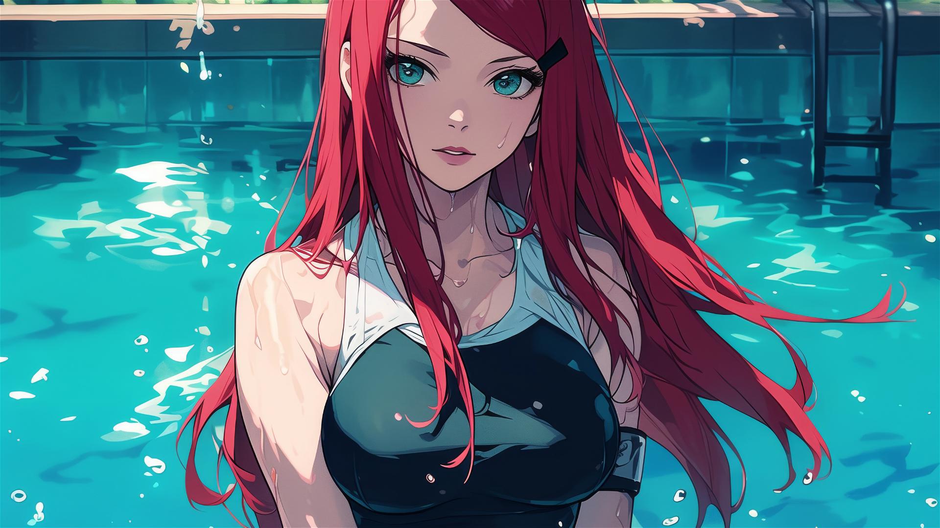 Kushina Uzumaki from Naruto standing in a pool under moonlight