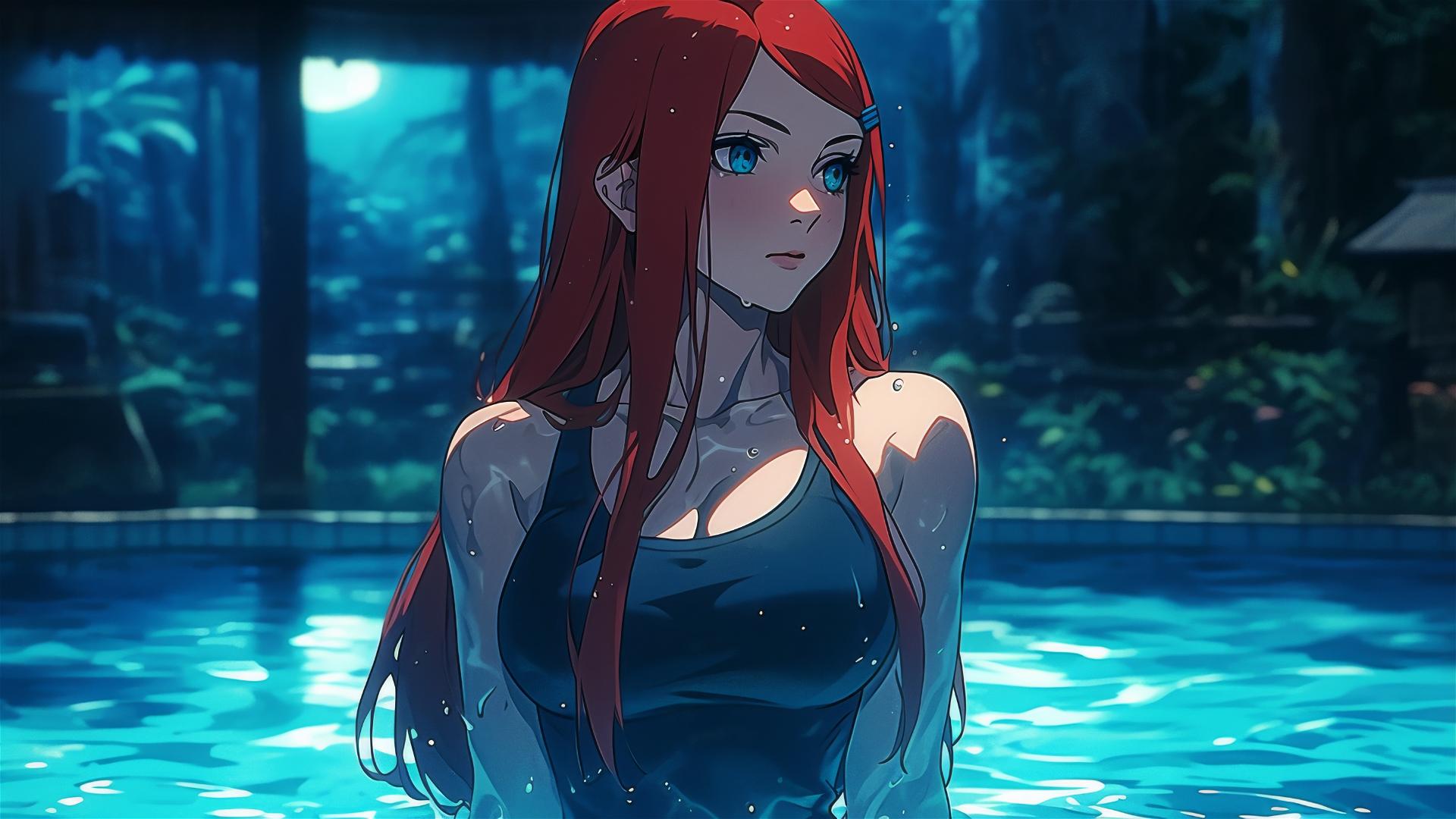 Kushina Uzumaki from Naruto standing in a pool under moonlight
