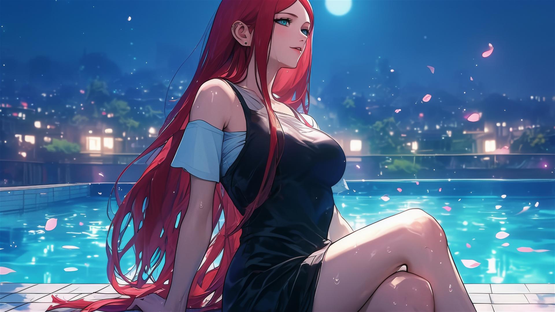 Kushina Uzumaki from Naruto Shippuden resting by pool with moonlight glow