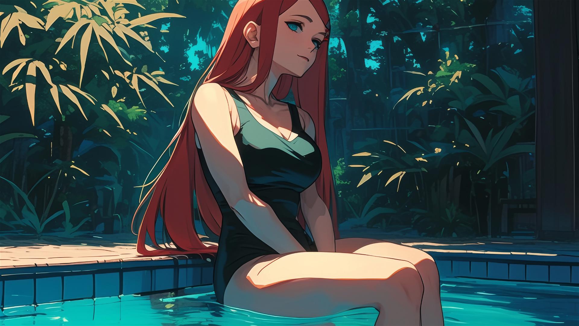 Kushina Uzumaki from Naruto Shippuden resting by pool in moonlight