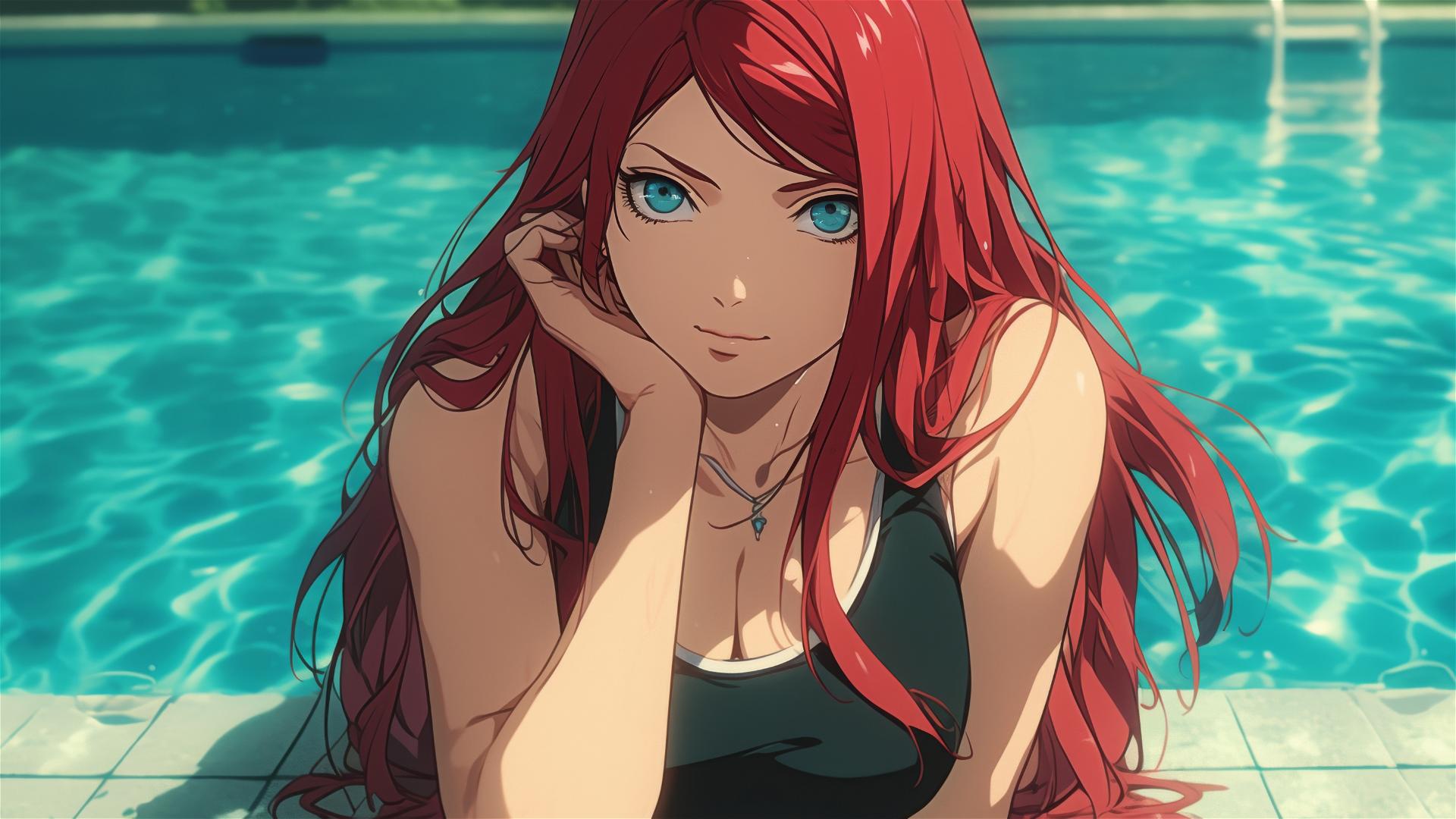 Kushina Uzumaki resting by pool under moonlight