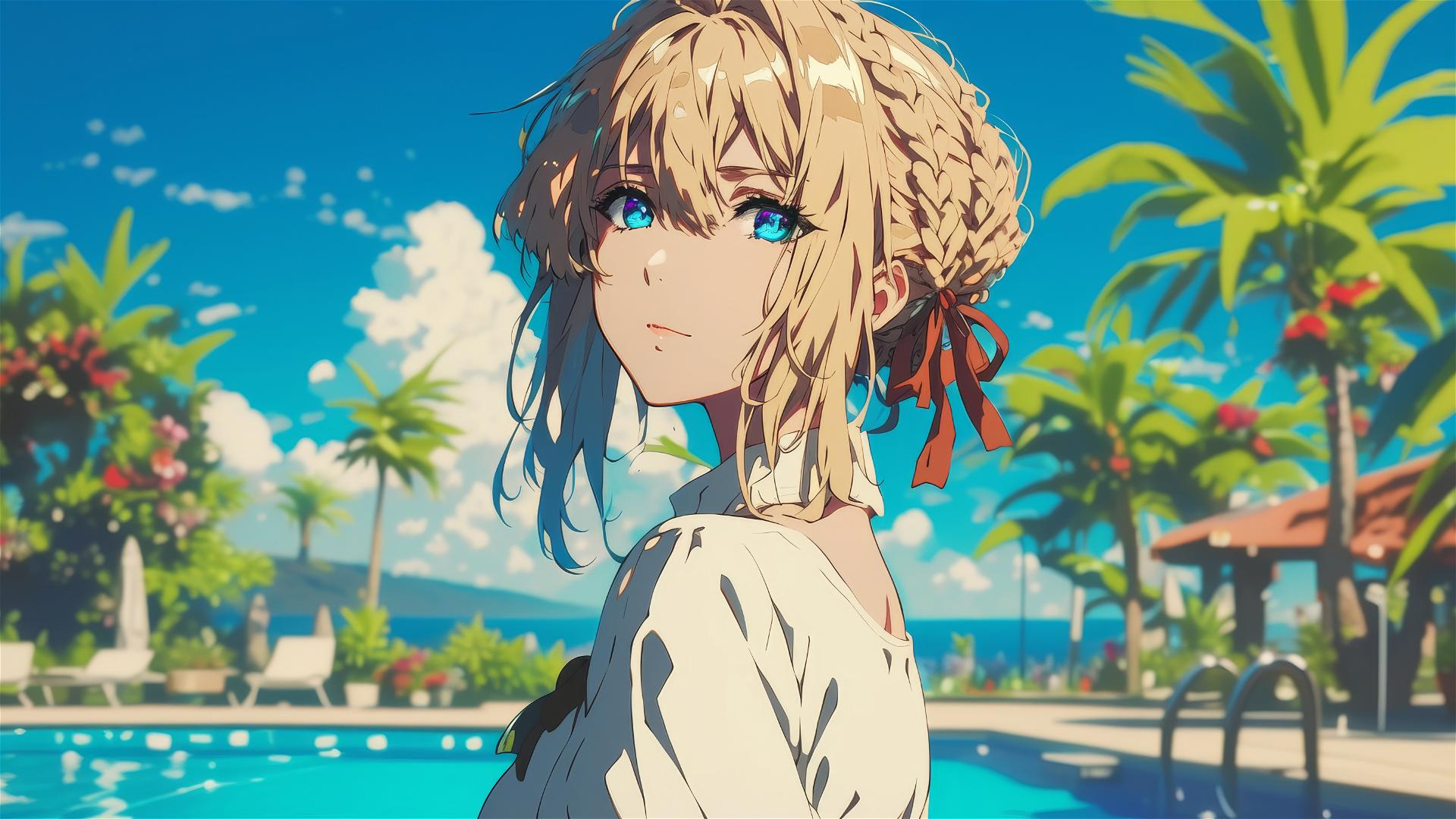 Violet Evergarden resting by pool under moonlight