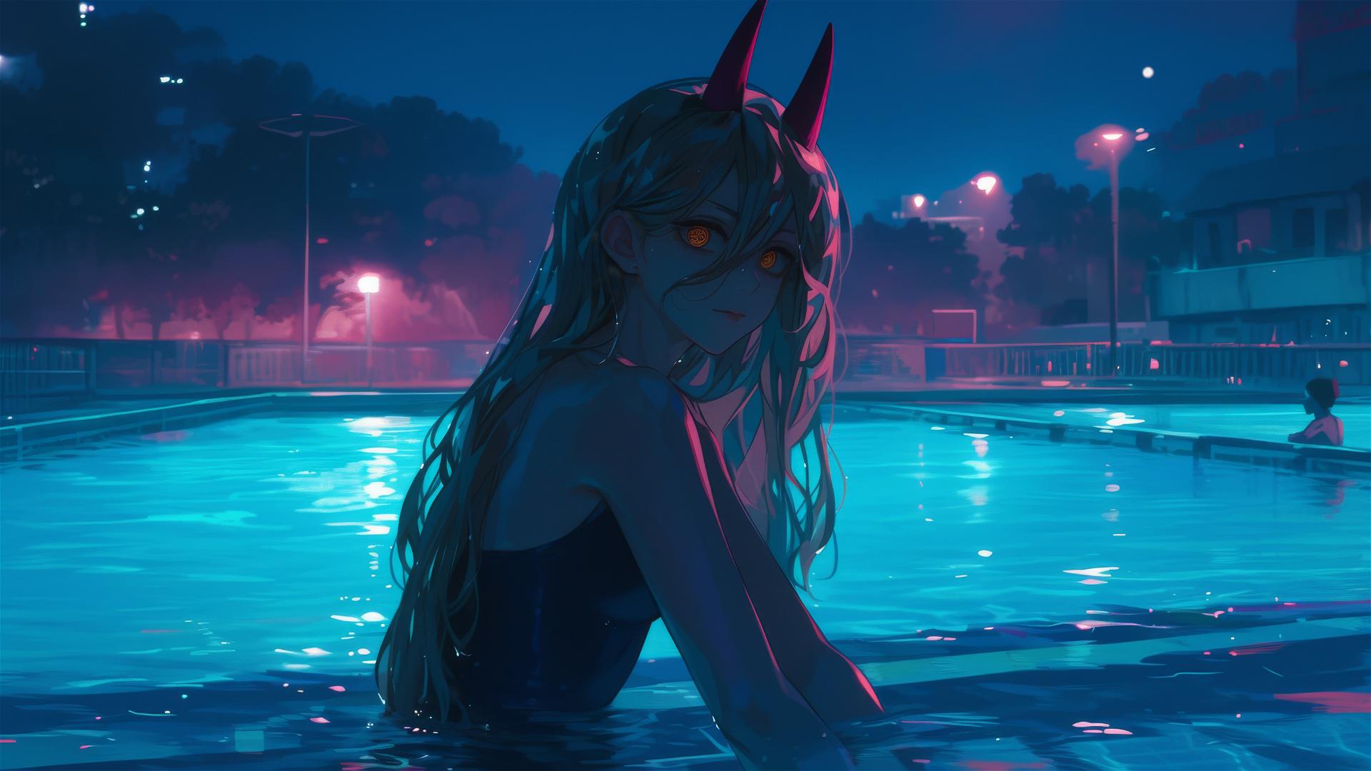 Power from Chainsaw Man standing in a pool under moonlight, yellow eyes glowing
