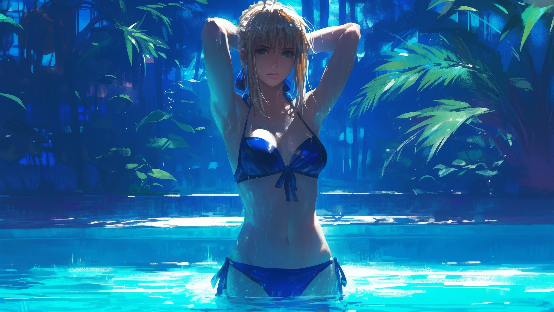 Saber from Fate/Zero standing in a pool under moonlight glow