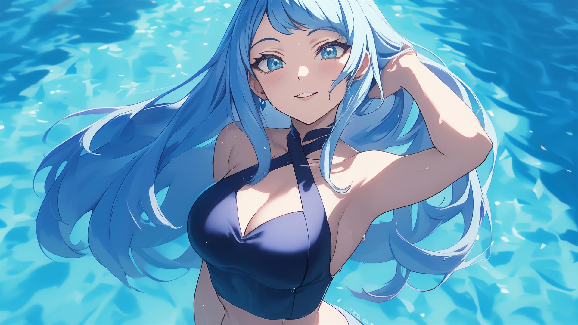 Nejire Hadou from My Hero Academia standing in a pool under moonlight, blue eyes