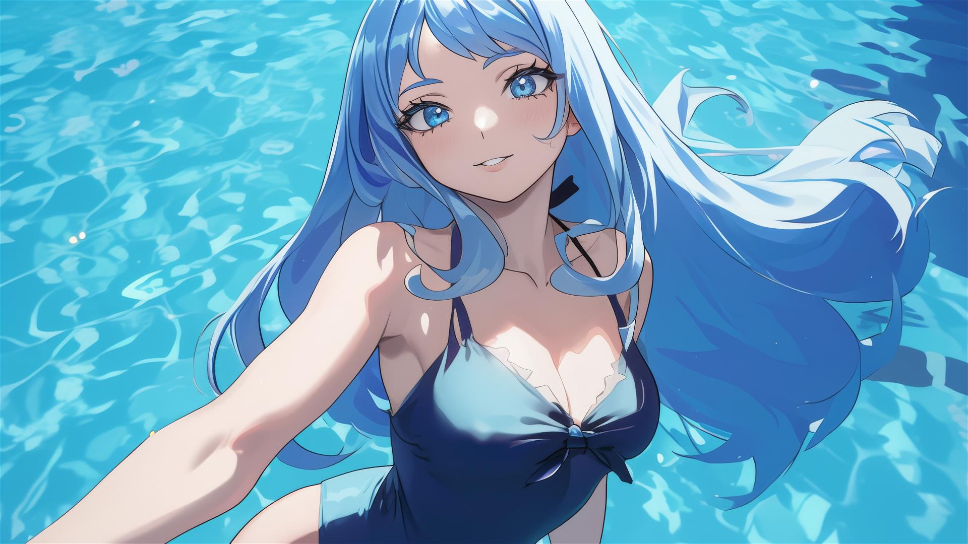 Nejire Hadou from My Hero Academia standing in a pool under moonlight, blue eyes