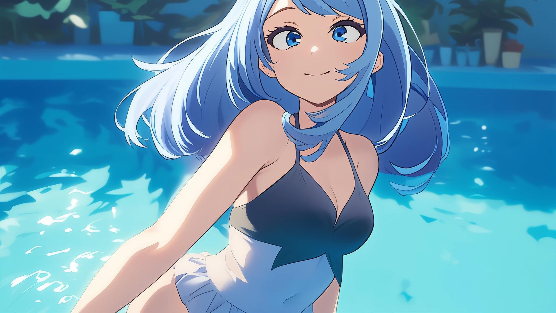 Nejire Hadou from My Hero Academia standing in pool under moonlight, blue eyes