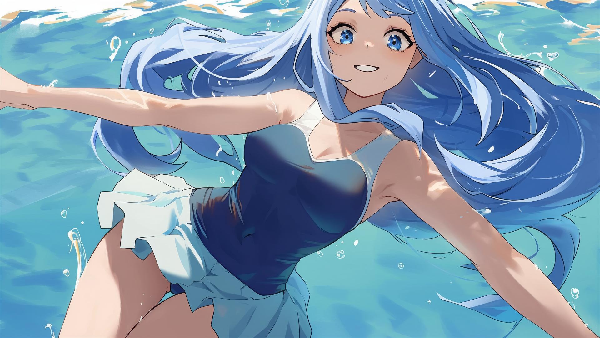 Nejire Hadou from My Hero Academia, swimming in a pool with moonlight reflecting on her.