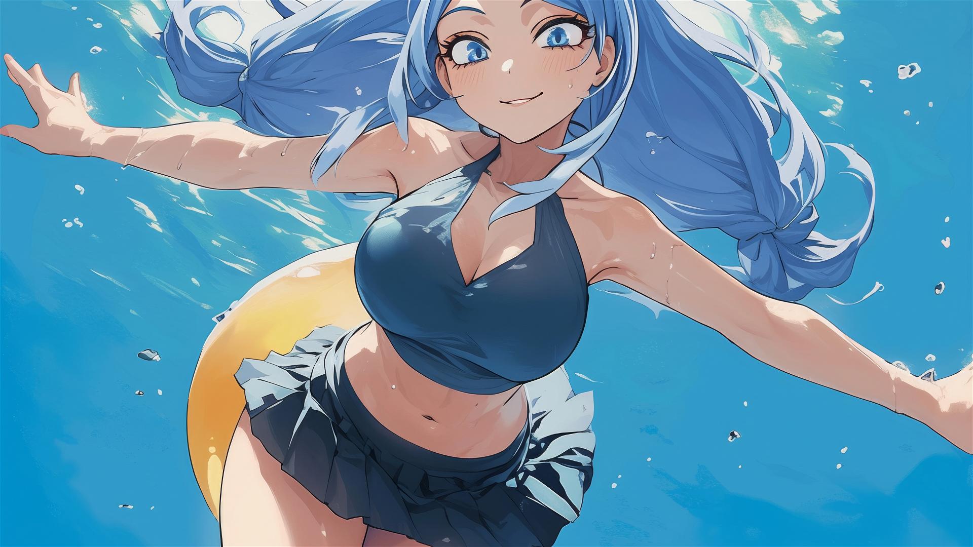Nejire Hadou from My Hero Academia swimming in a pool under moonlight, blue eyes shining