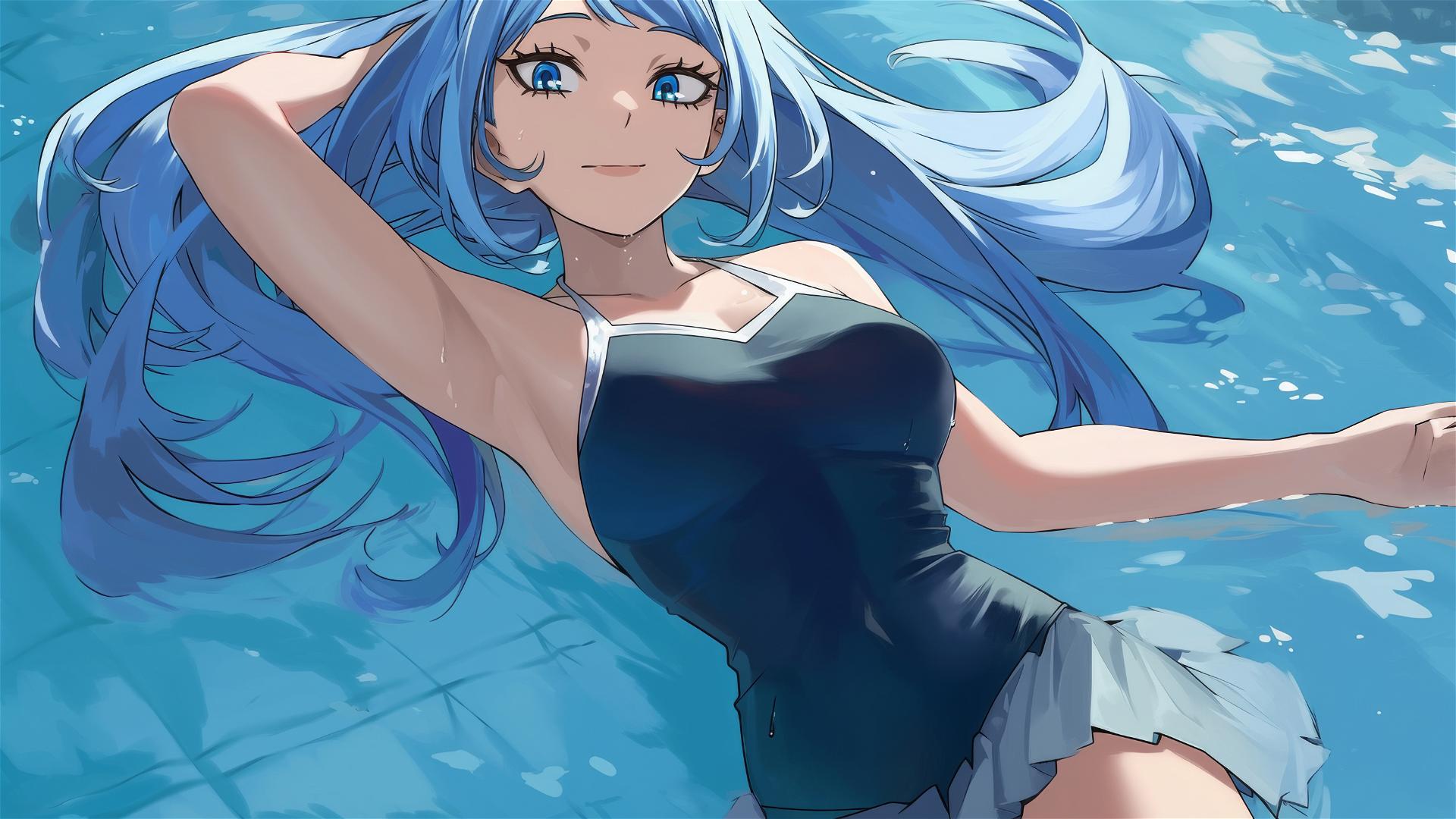 Nejire Hadou swimming in moonlit pool with glowing blue eyes