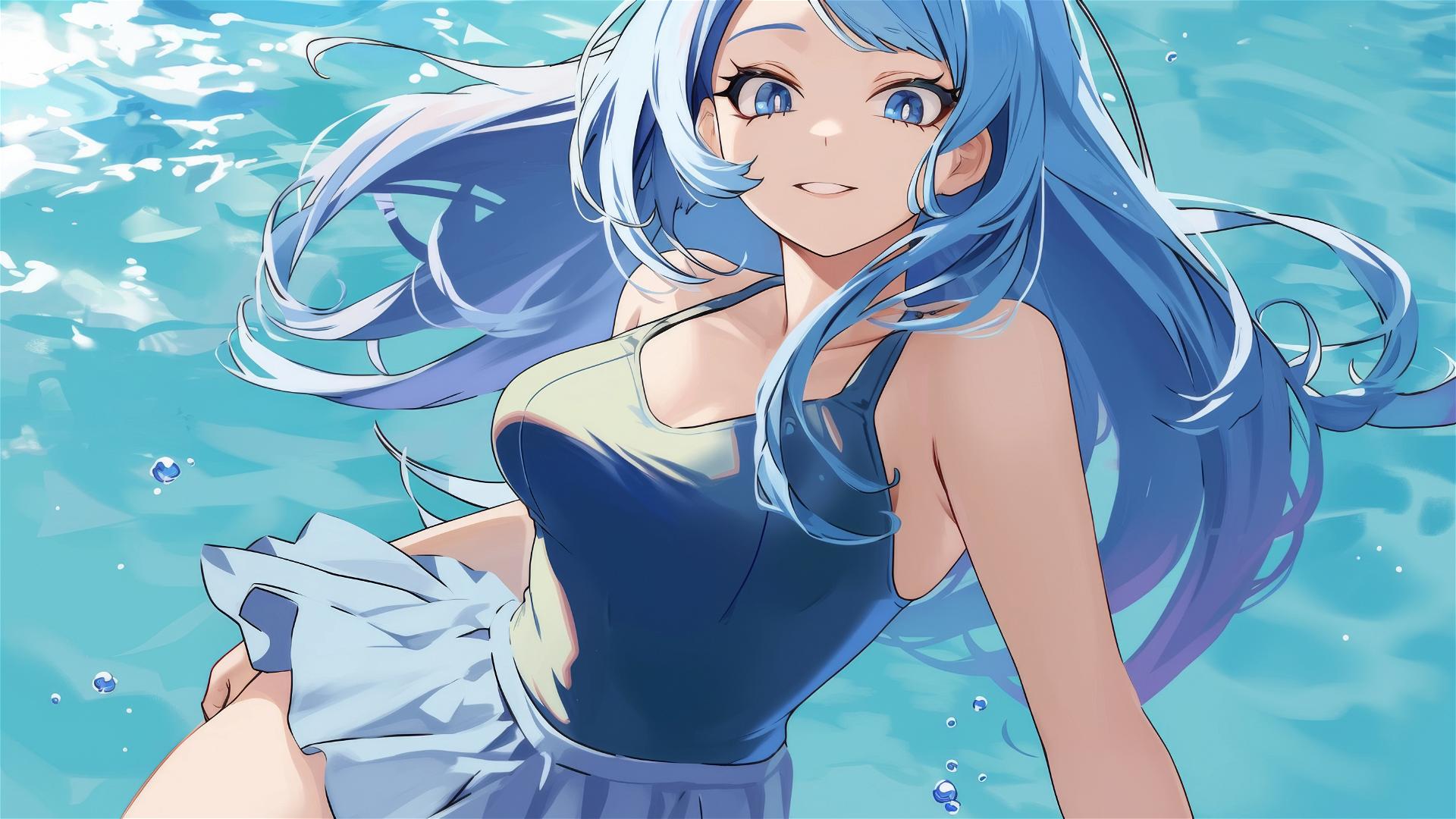 Nejire Hadou from My Hero Academia standing in a pool under moonlight, blue eyes glowing softly