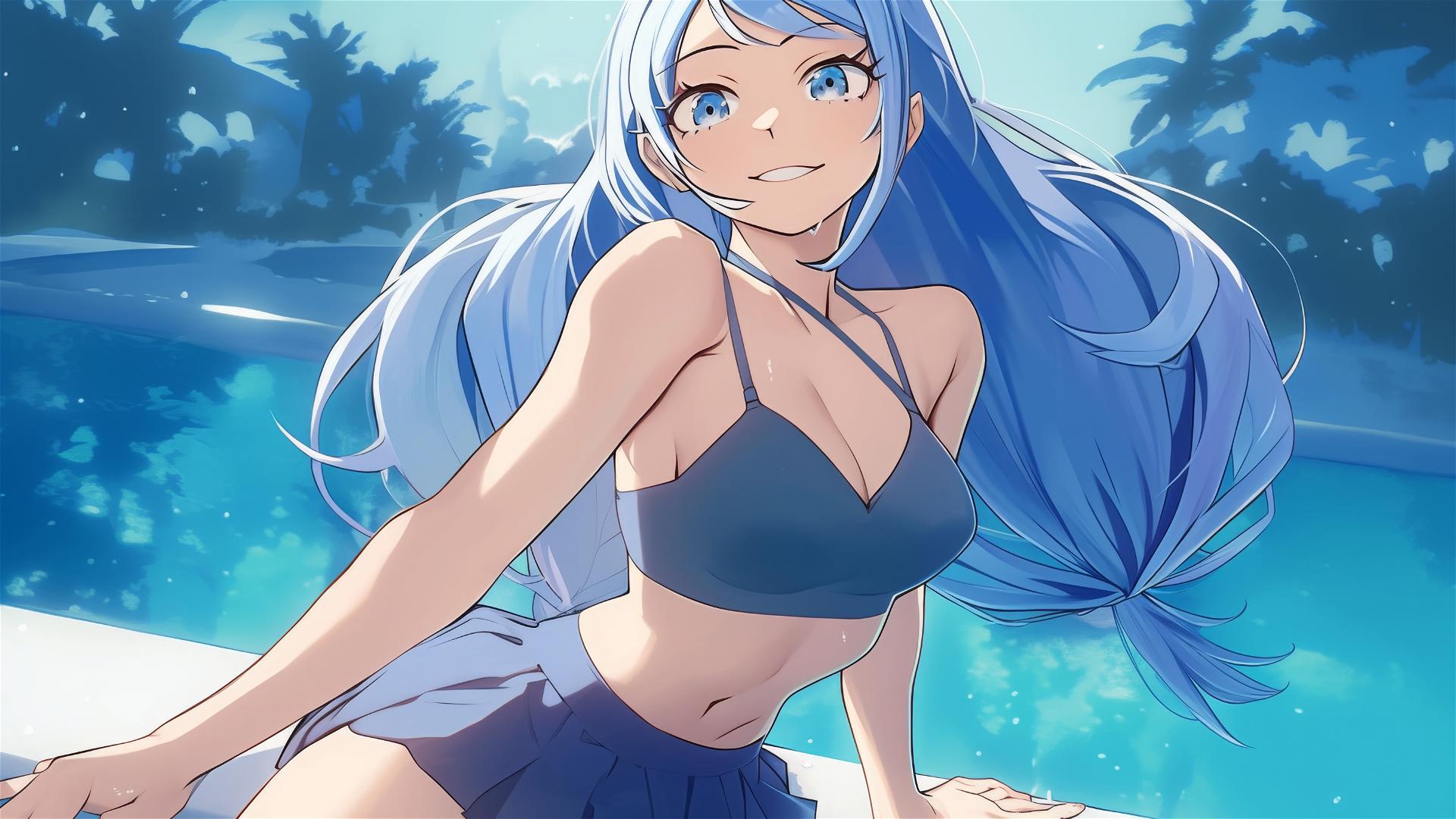 Nejire Hadou resting by poolside under moonlight with blue eyes