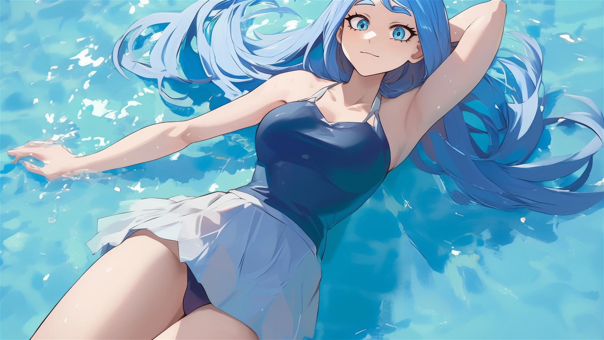 Nejire Hadou from My Hero Academia resting by the pool under moonlight, with blue eyes