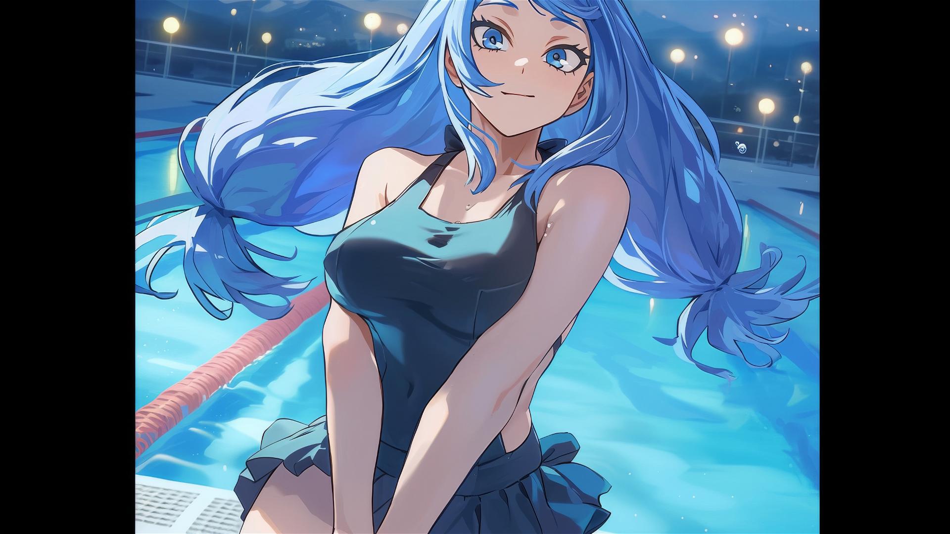 Nejire Hadou resting by pool under moonlight with blue eyes
