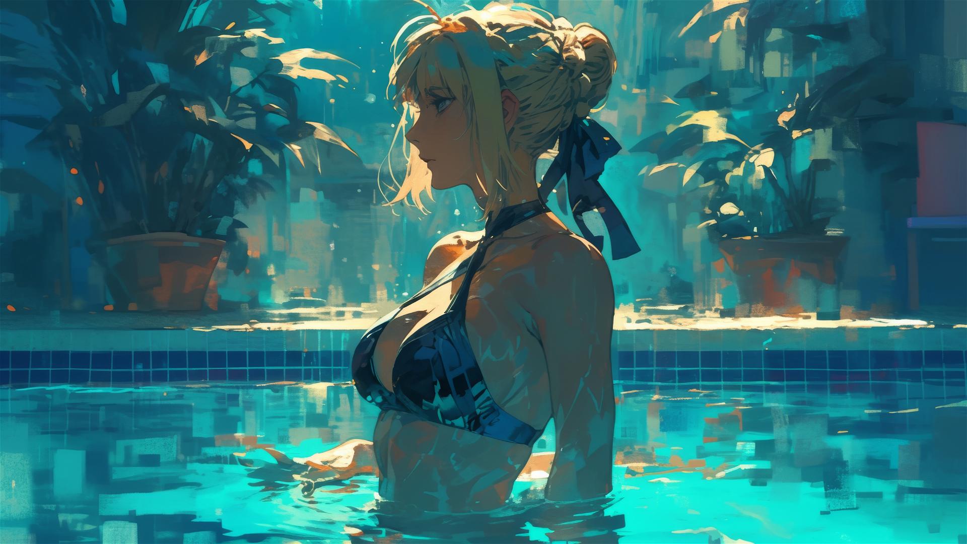 Saber from Fate/Zero standing in pool with moon glow