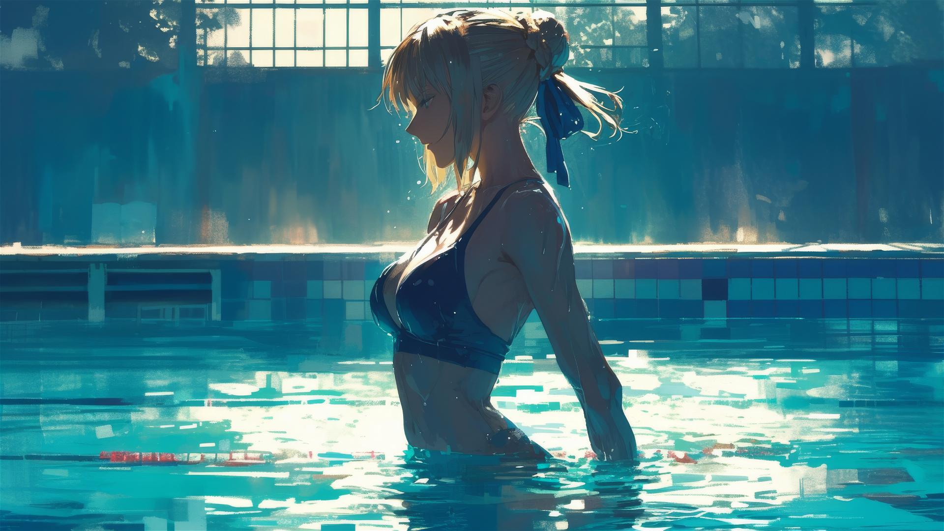 Saber in pool under moonlight