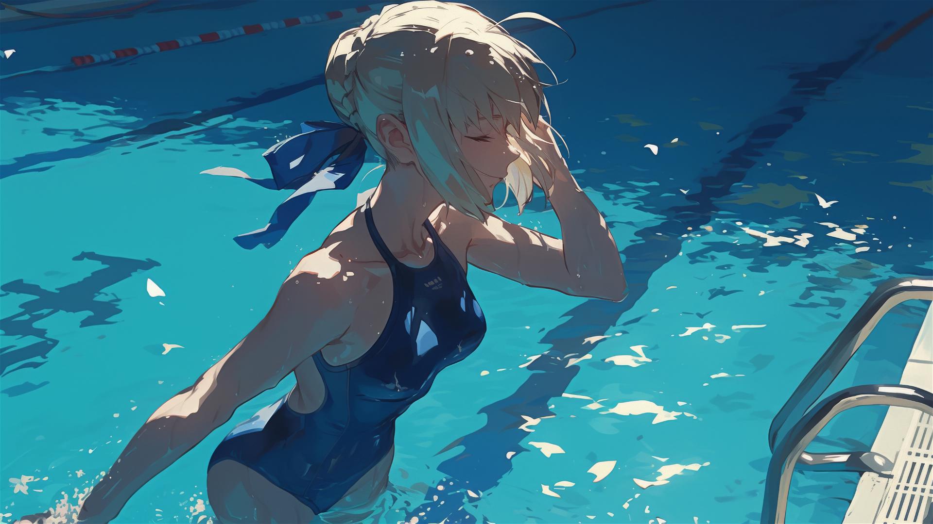 Saber from Fate/Zero in pool under moonlight