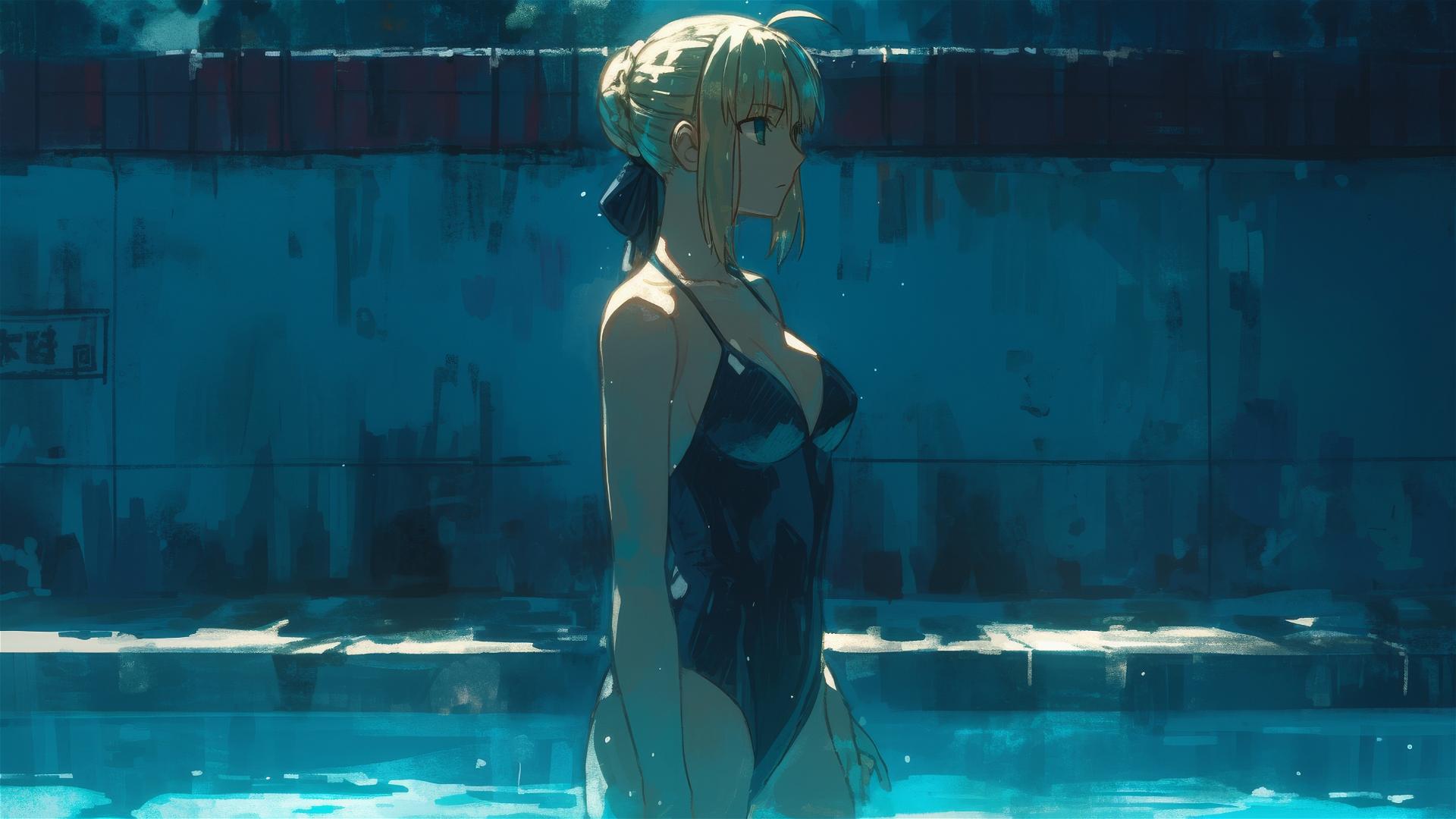 Saber from Fate/Zero standing in pool under moonlight