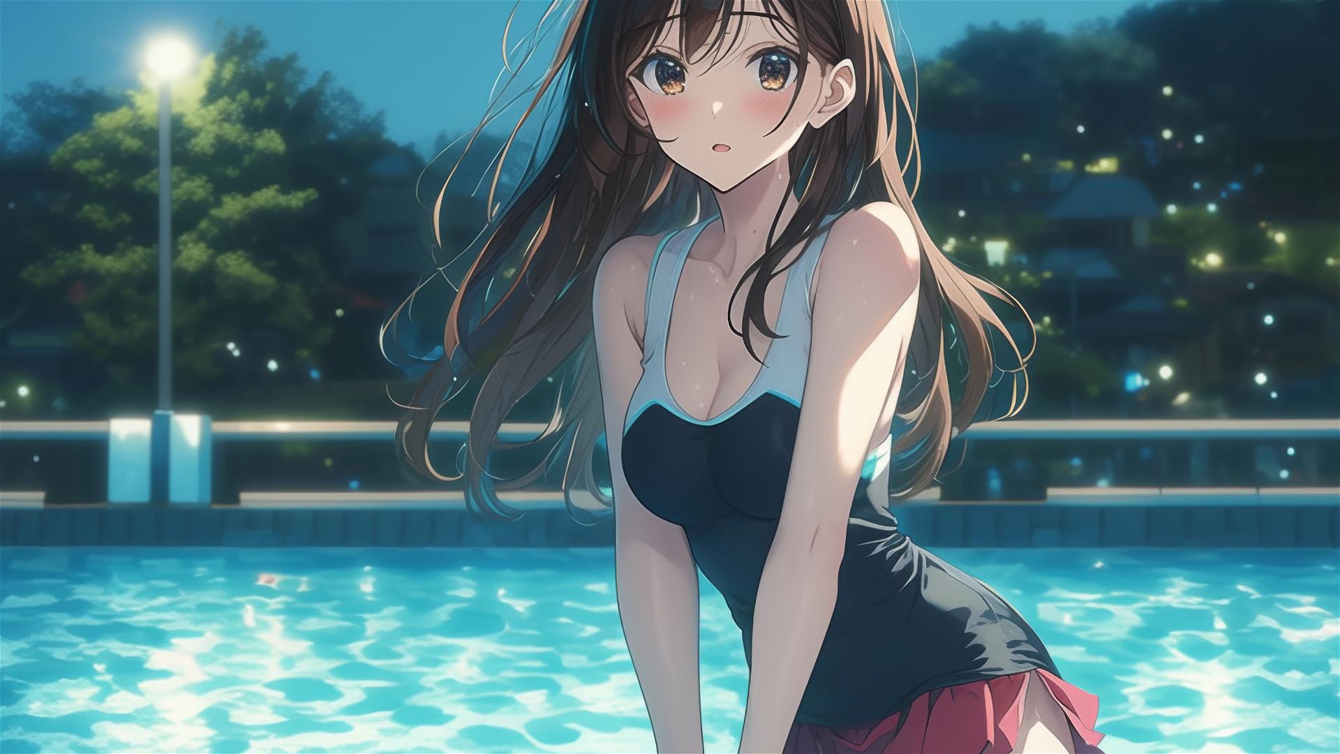 Mizuhara Chizuru from To Rent A Girlfriend in pool with moonlight glow