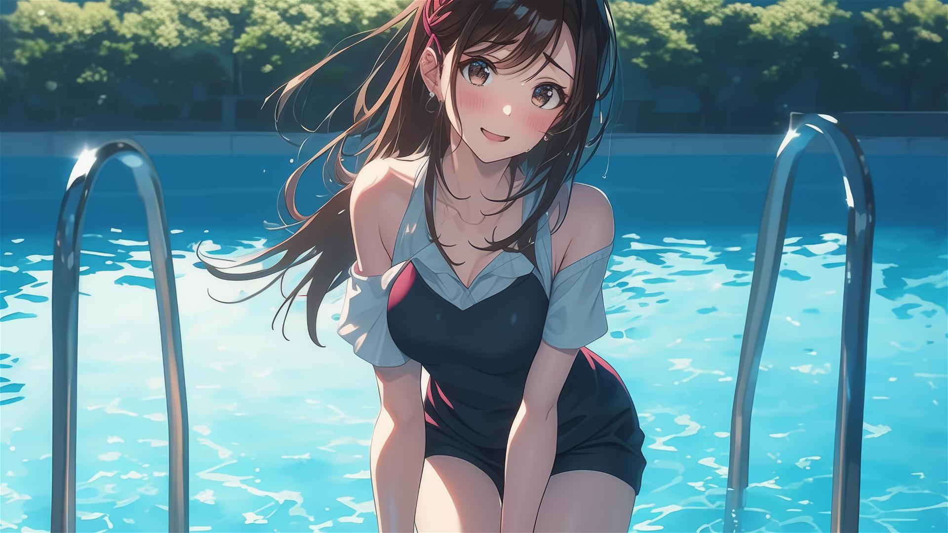 Mizuhara Chizuru from To Rent A Girlfriend standing in pool under moonlight