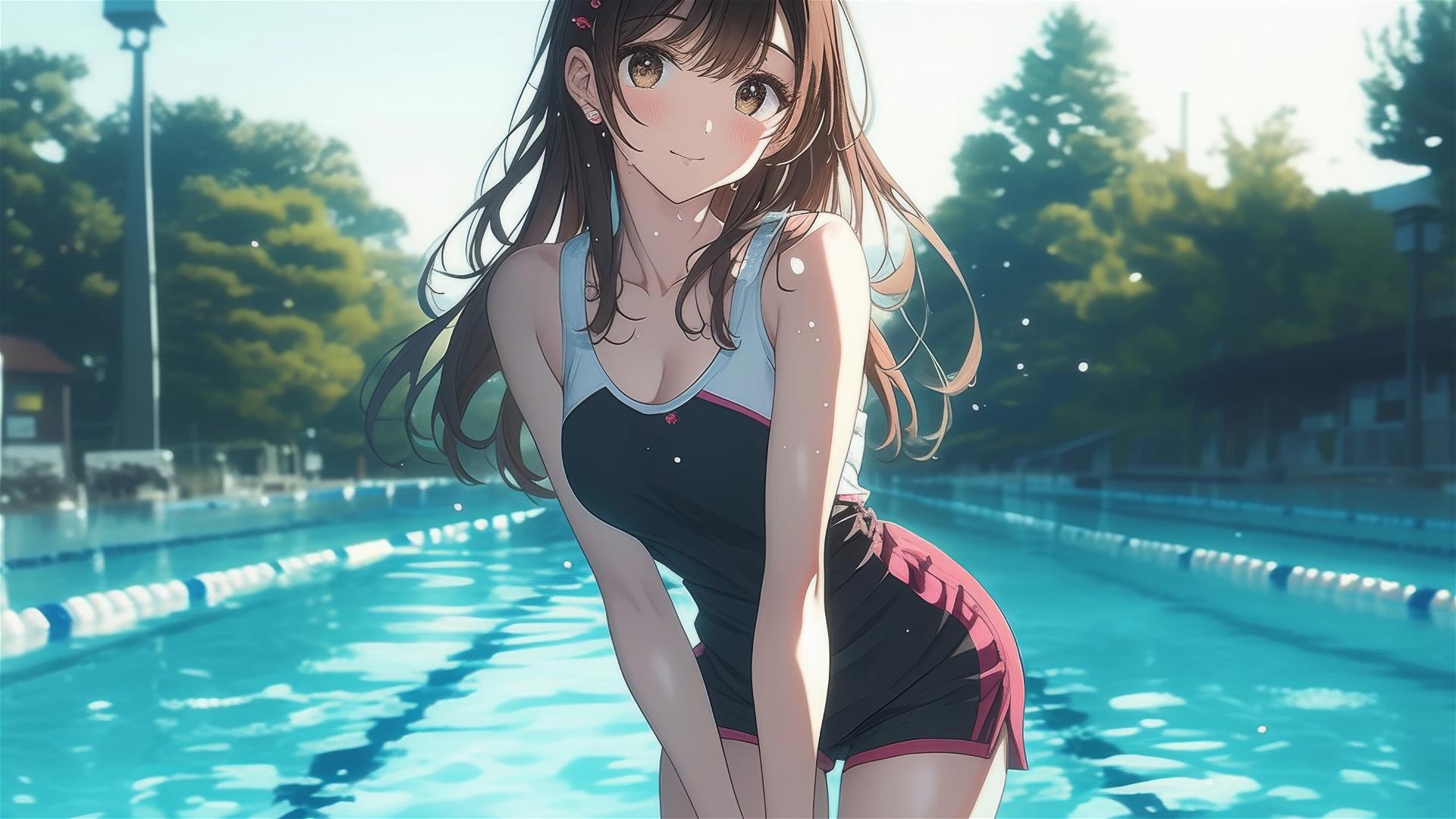 Mizuhara Chizuru from Rent-A-Girlfriend in pool under moonlight, brown hair, light brown eyes