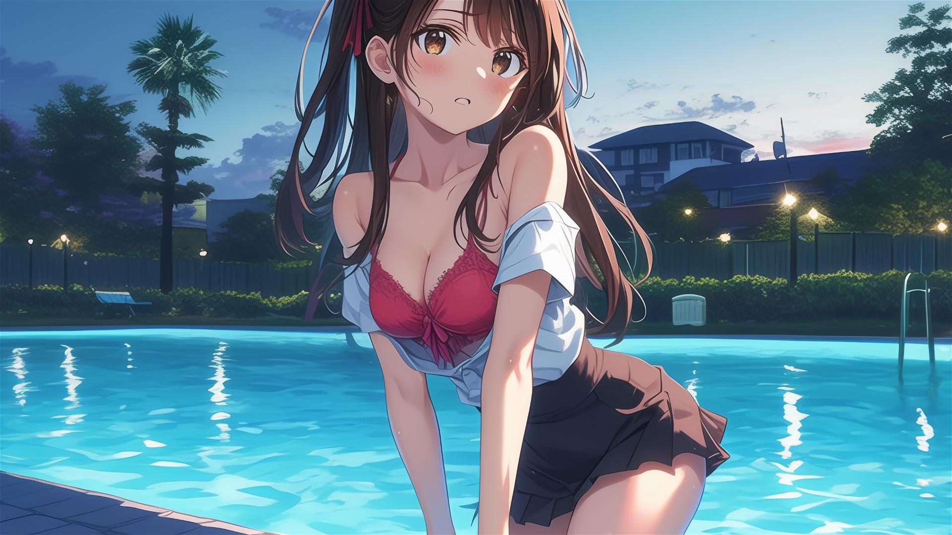 Mizuhara Chizuru standing in pool under moonlight