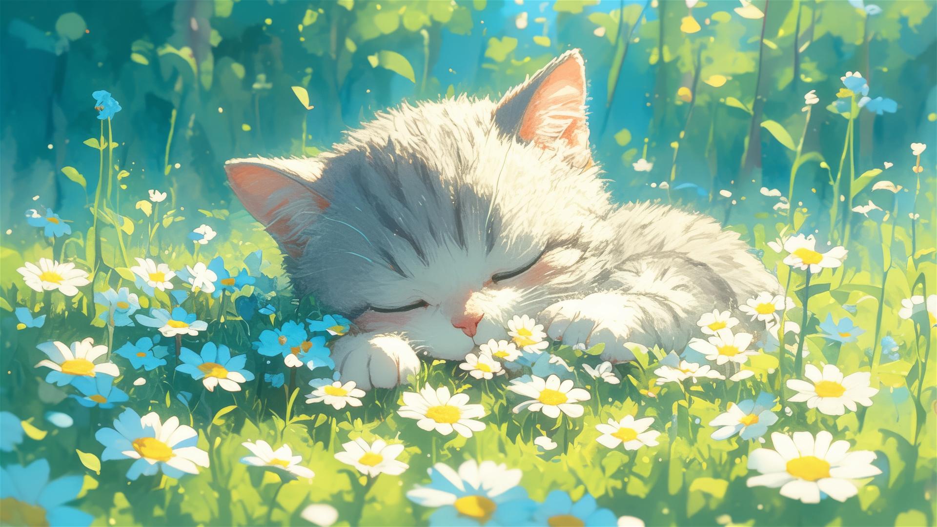 British Shorthair cat slumbering amidst vibrant flowers in a panoramic Japanese animation style