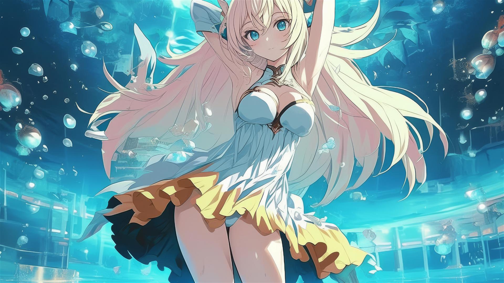 Celistia Ralgris from Undefeated Bahamut Chronicle standing in a pool under moonlight