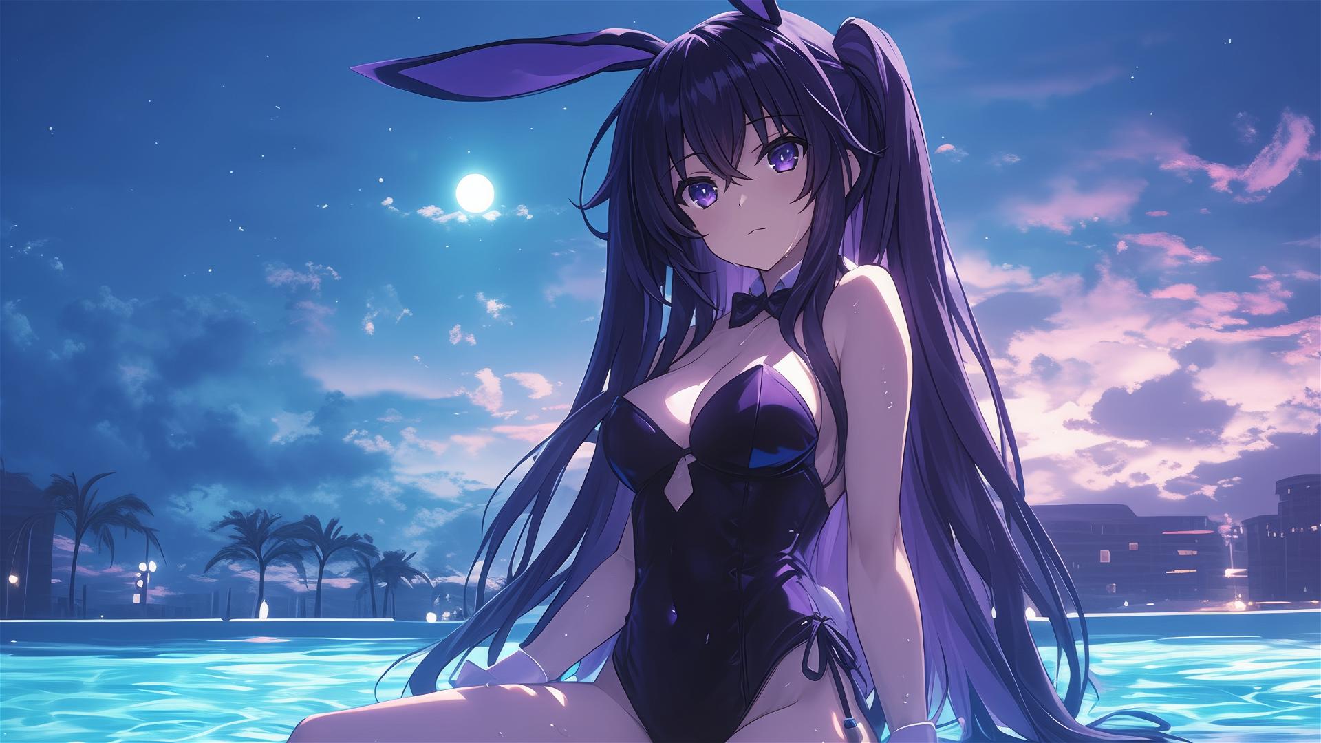 Tohka Yatogami from Date A Live in bunny girl outfit by moonlit pool