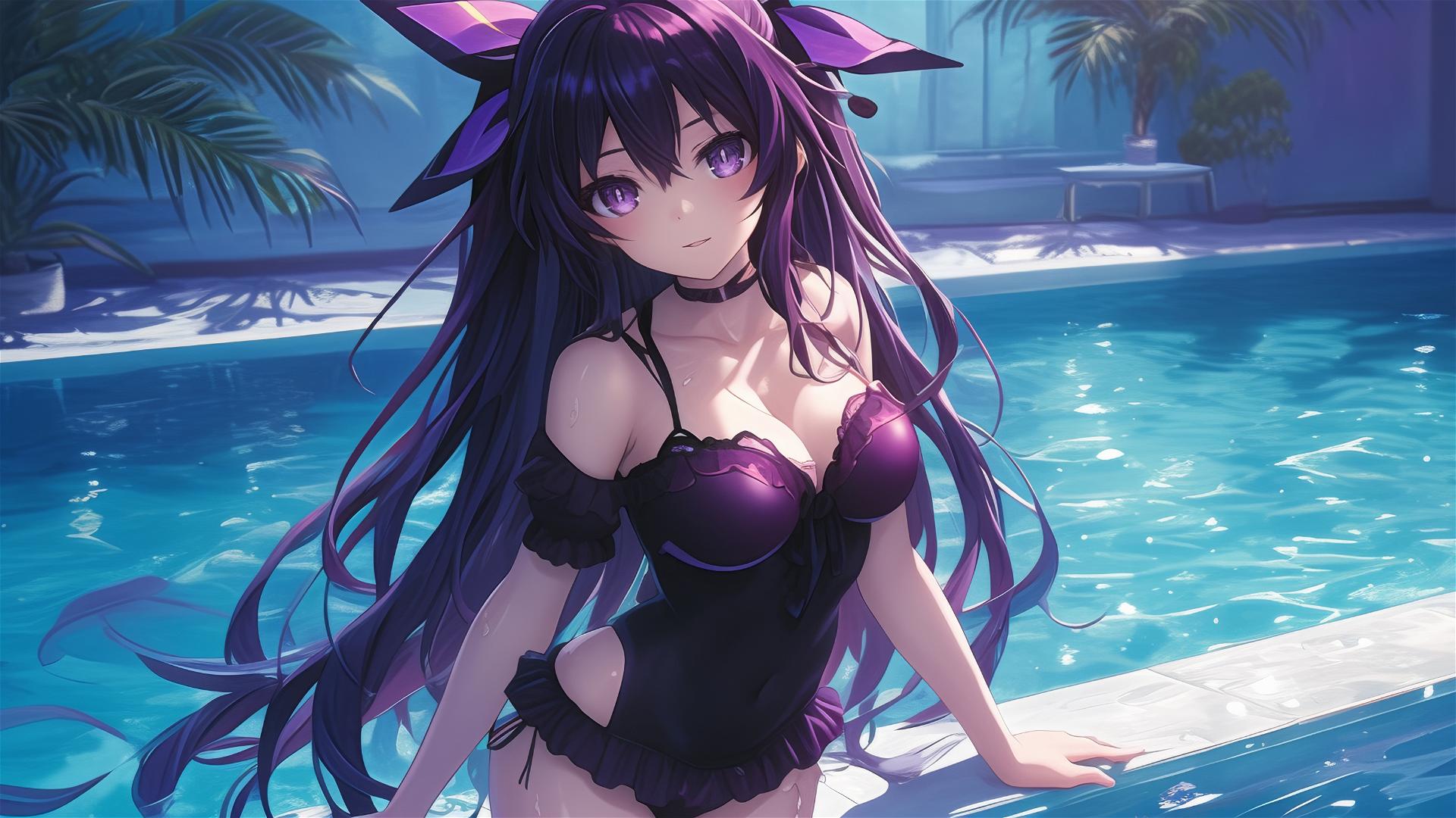 Tohka Yatogami from Date A Live standing in a pool under moonlight with dark-purple hair and eyes