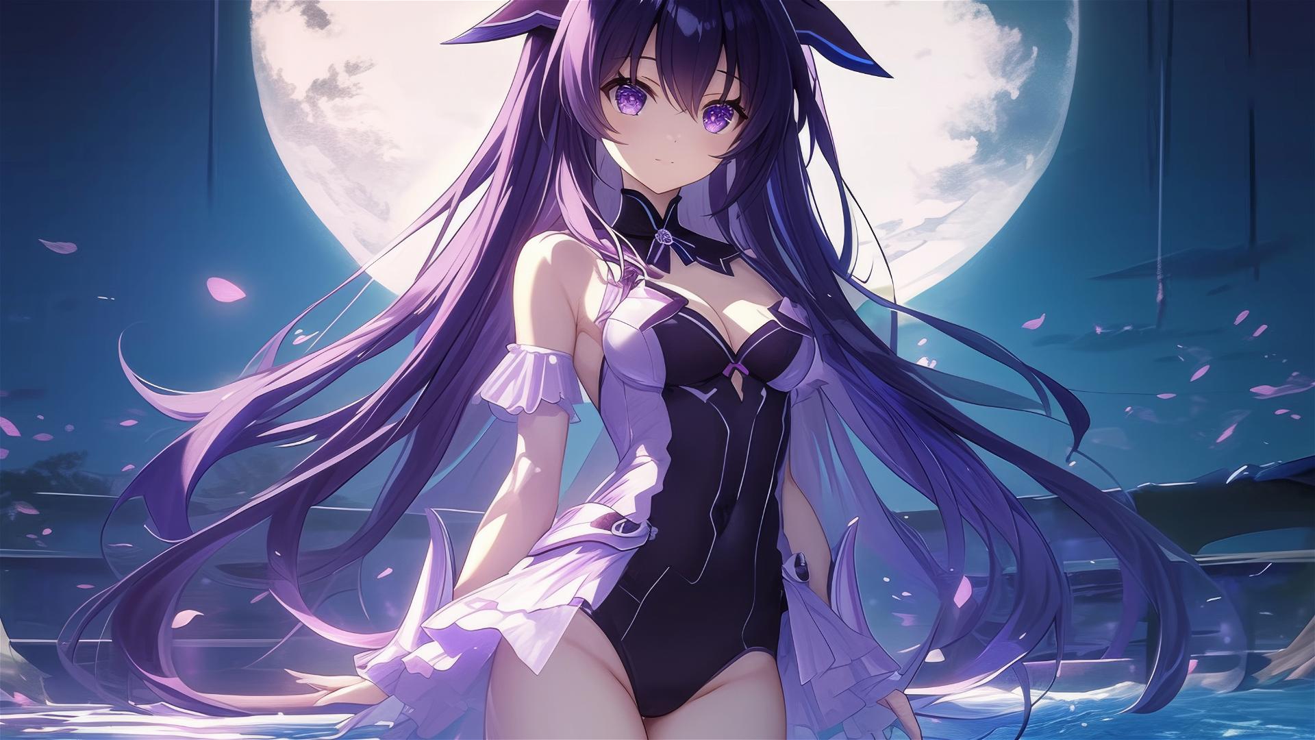 Tohka Yatogami standing in pool under moonlight with dark-purple hair and eyes