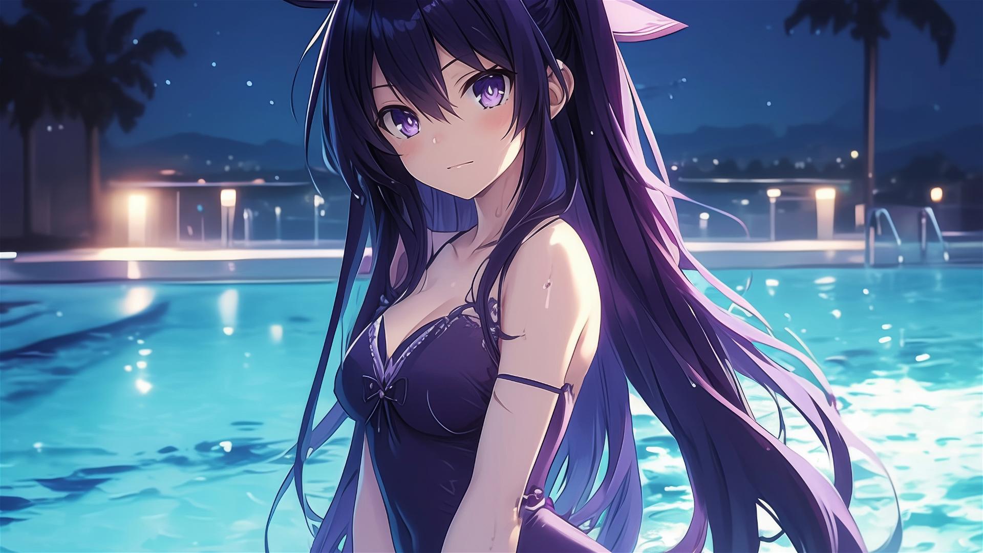 Tohka Yatogami in pool under moonlight with dark-purple hair and eyes