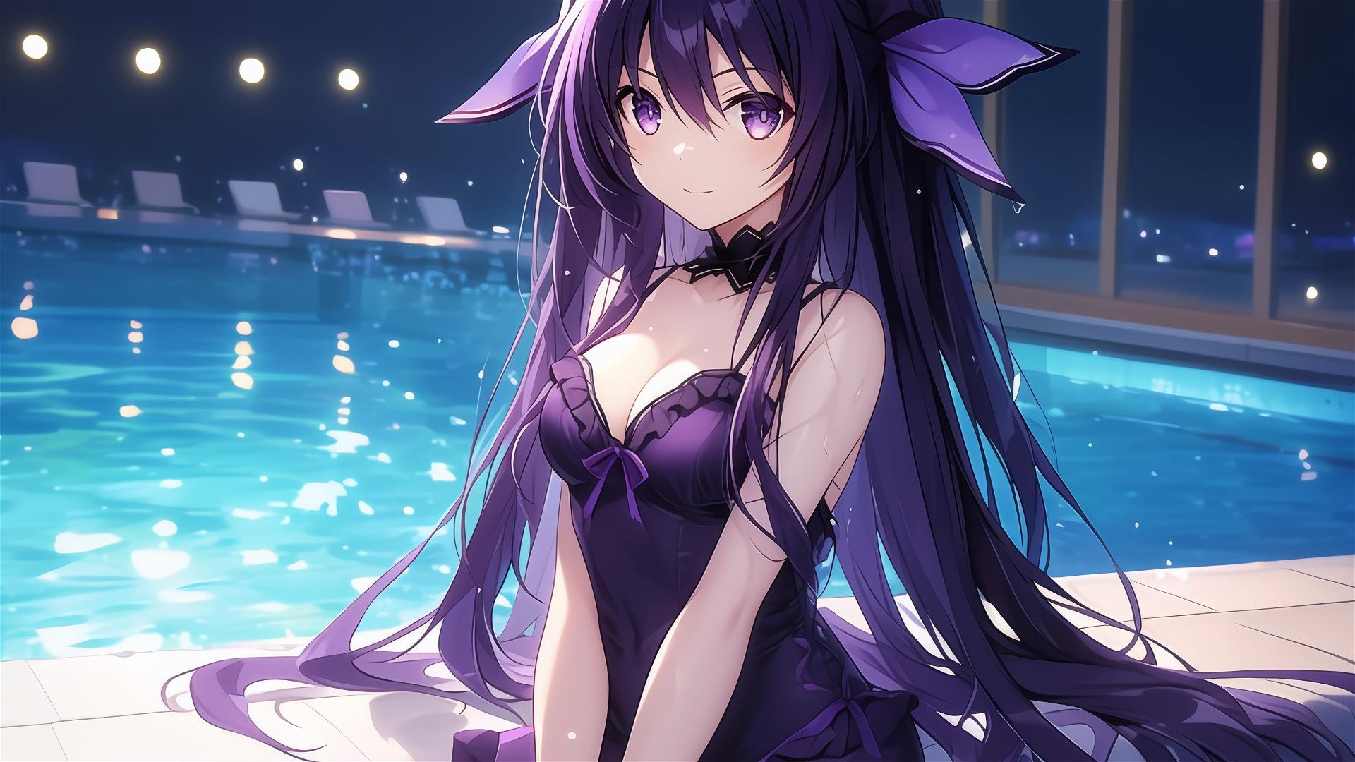 Tohka Yatogami from Date A Live standing in a pool under moonlight, with dark-purple hair and eyes