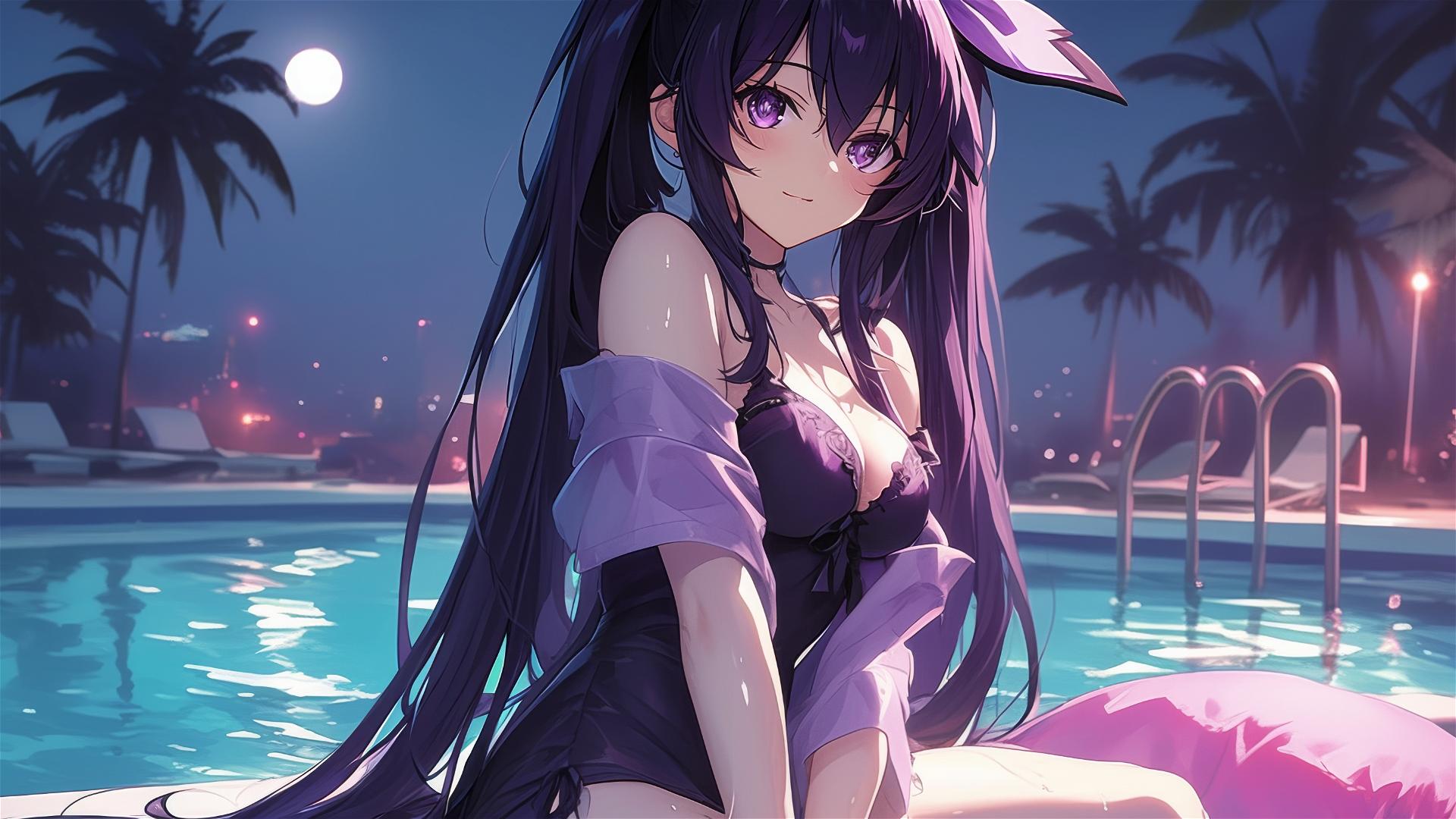 Tohka Yatogami from Date A Live standing in a pool under moonlight with dark-purple hair and eyes