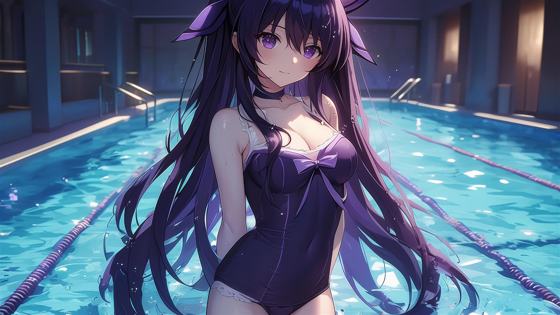 Tohka Yatogami standing in swimming pool under moonlight, dark purple hair and eyes