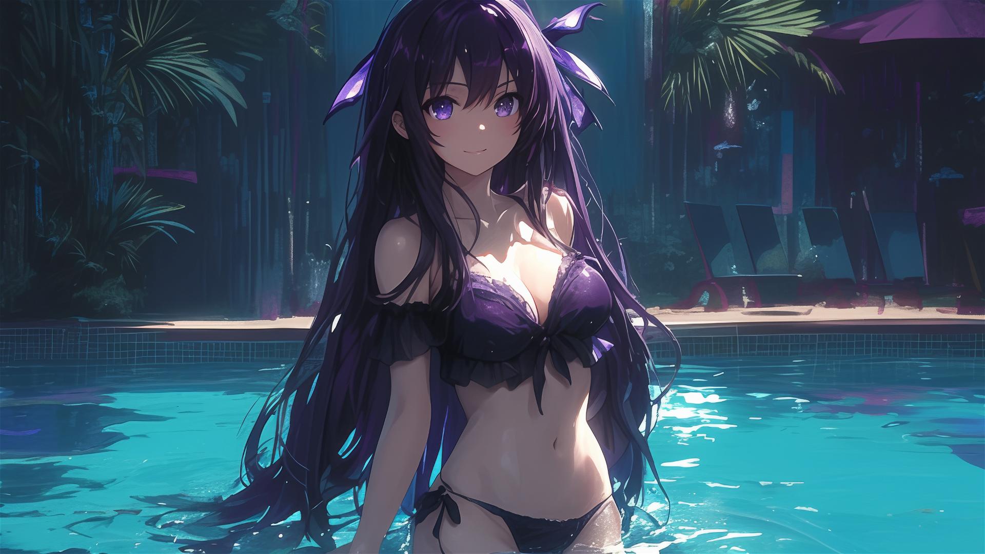 Tohka Yatogami from Date A Live standing in a pool under moonlight with dark-purple hair and eyes