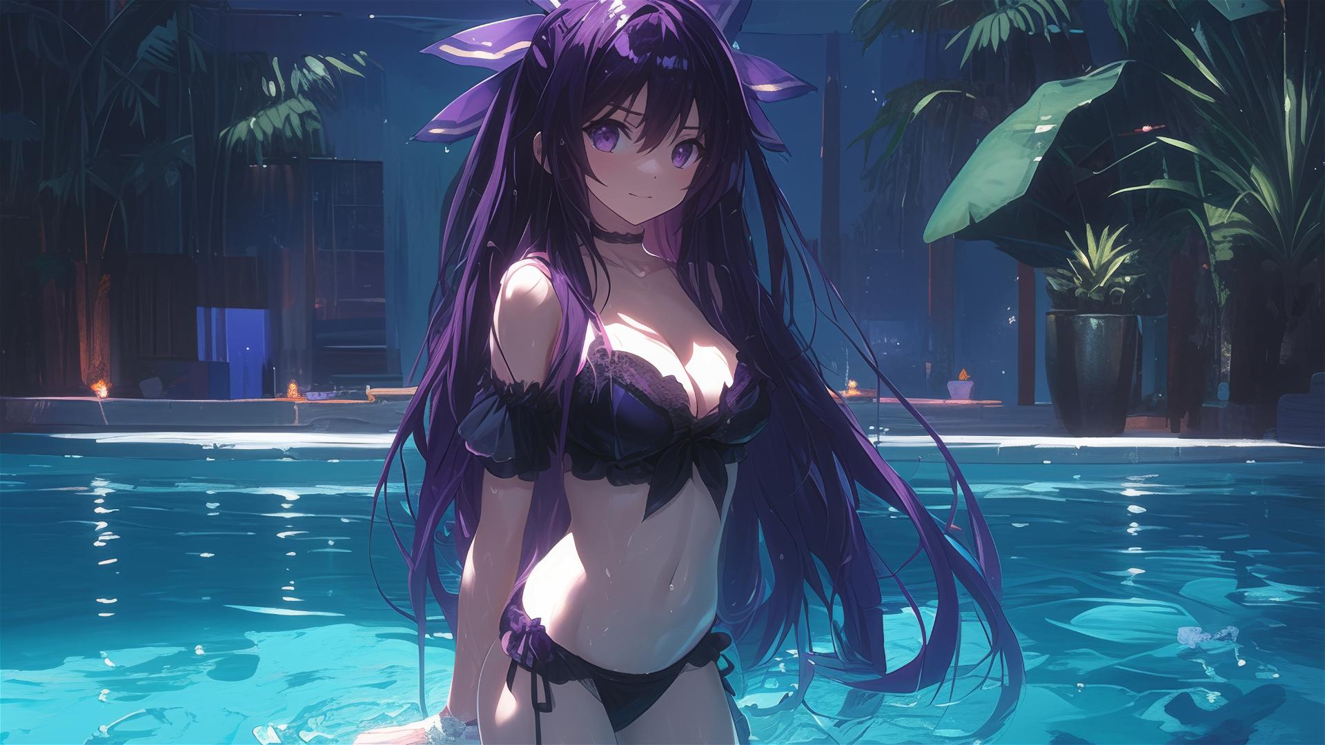 Tohka Yatogami in pool under moonlight with dark-purple hair and eyes