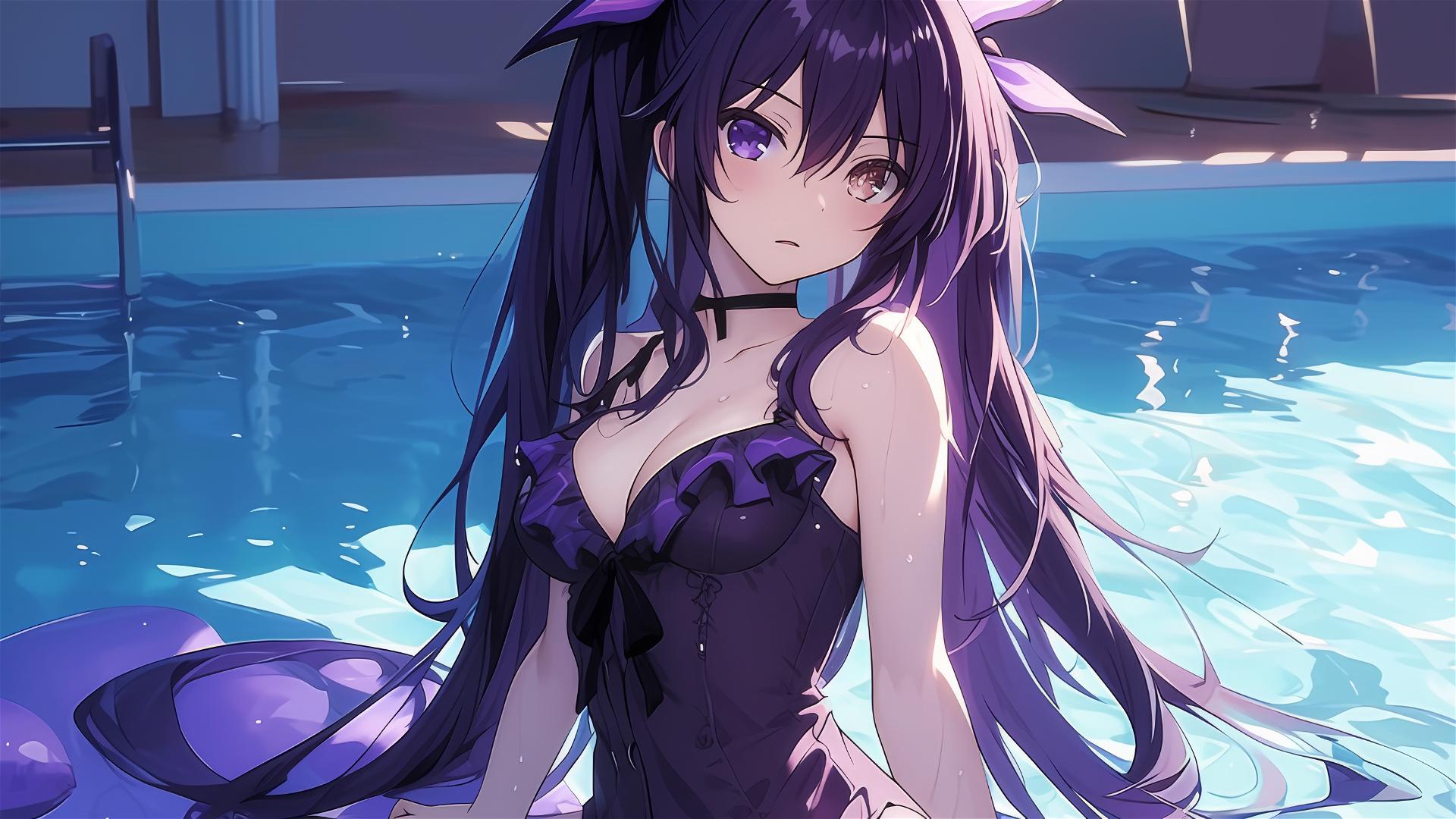 Tohka Yatogami in pool under moonlight with dark-purple features