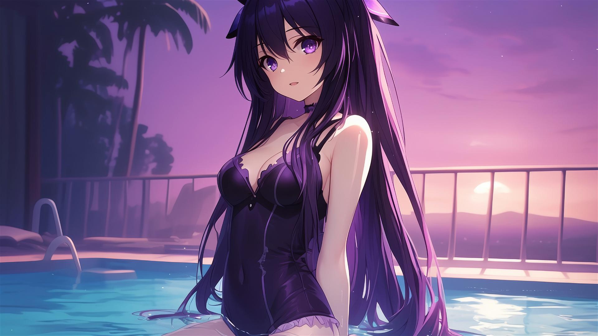 Tohka Yatogami in pool under moon glow, dark-purple hair