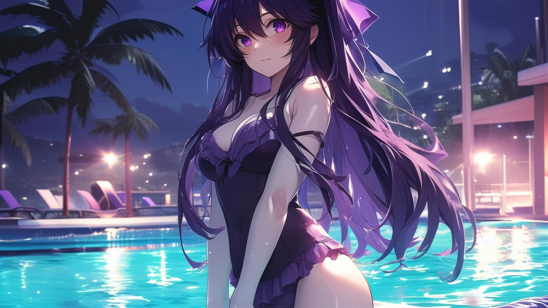 Tohka Yatogami from Date A Live standing in pool under moonlight