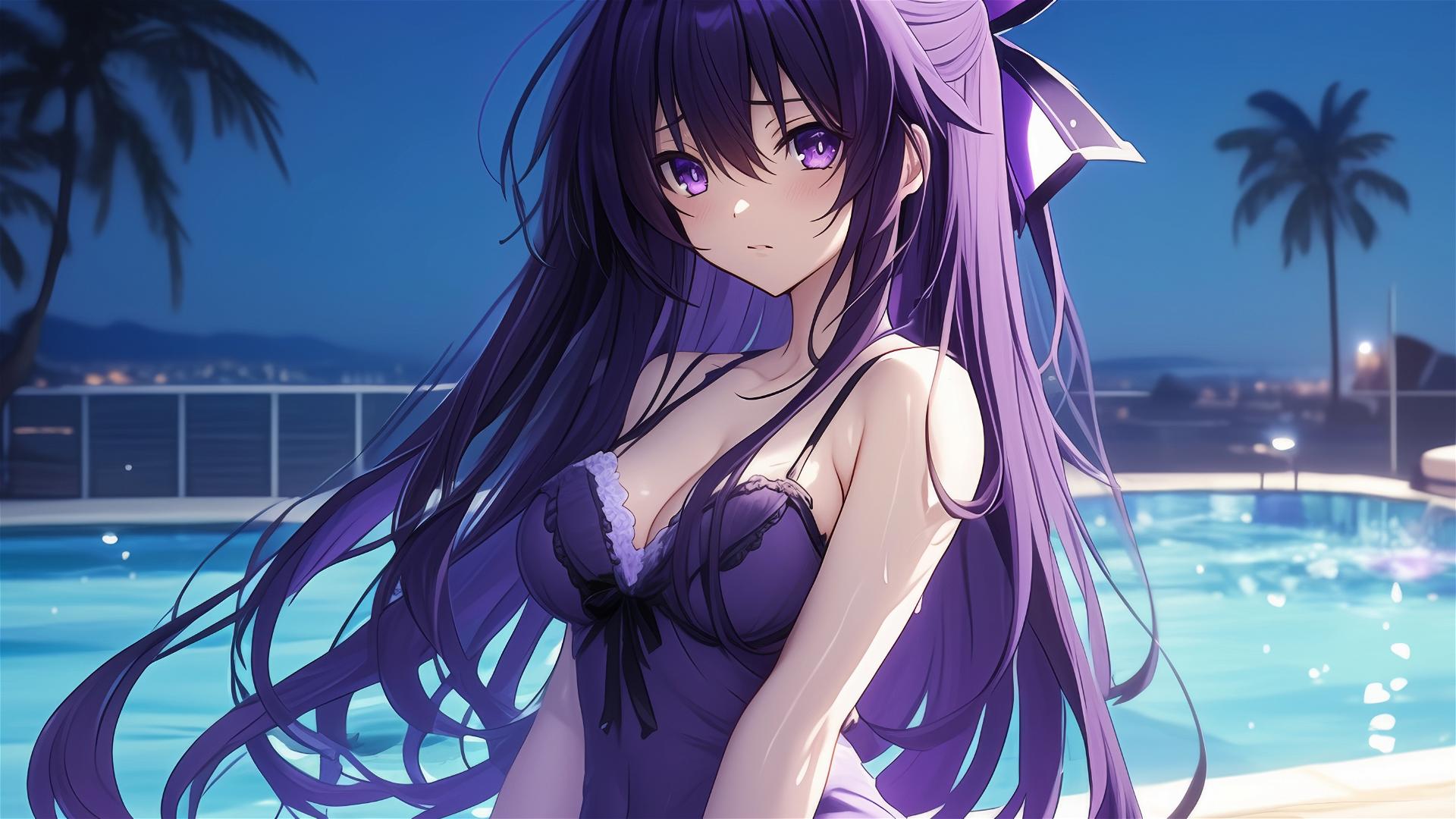 Tohka Yatogami in pool by moonlight, purple hair and eyes, beautiful