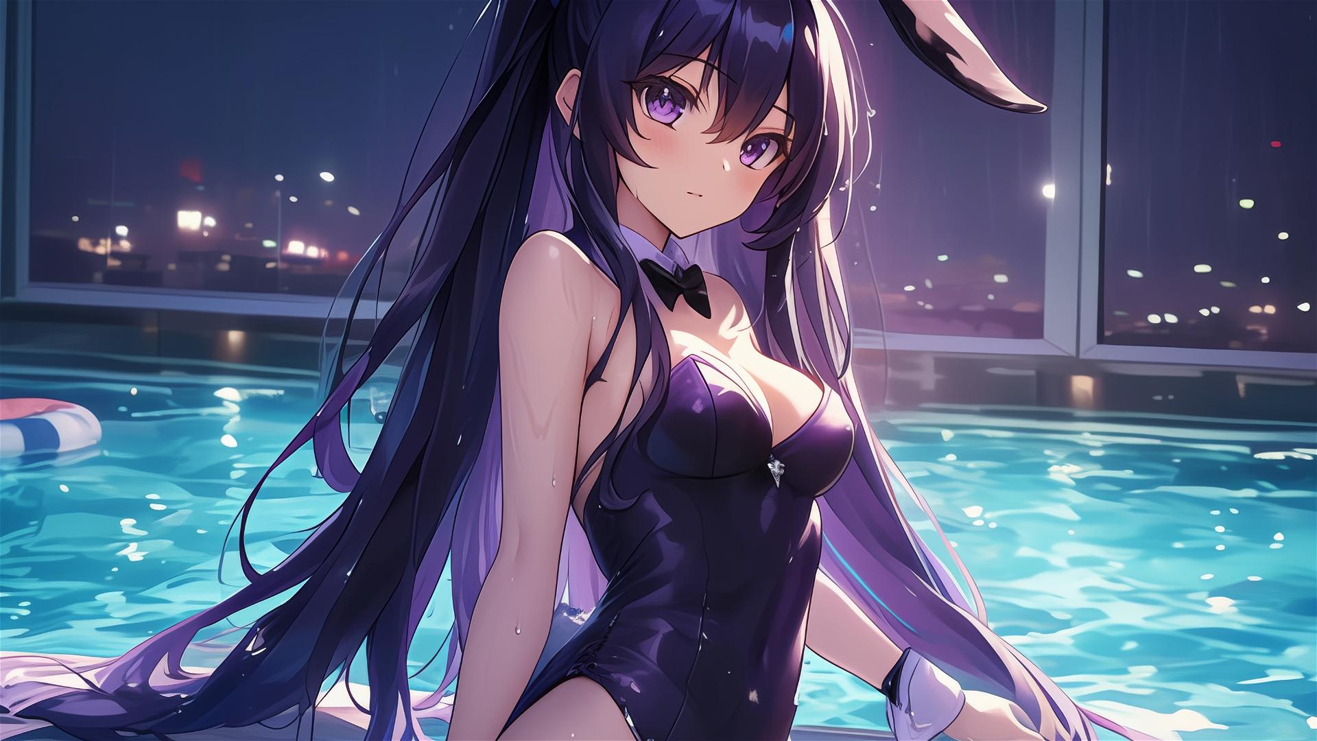 Tohka Yatogami in a pool under moonlight with a bunny girl outfit