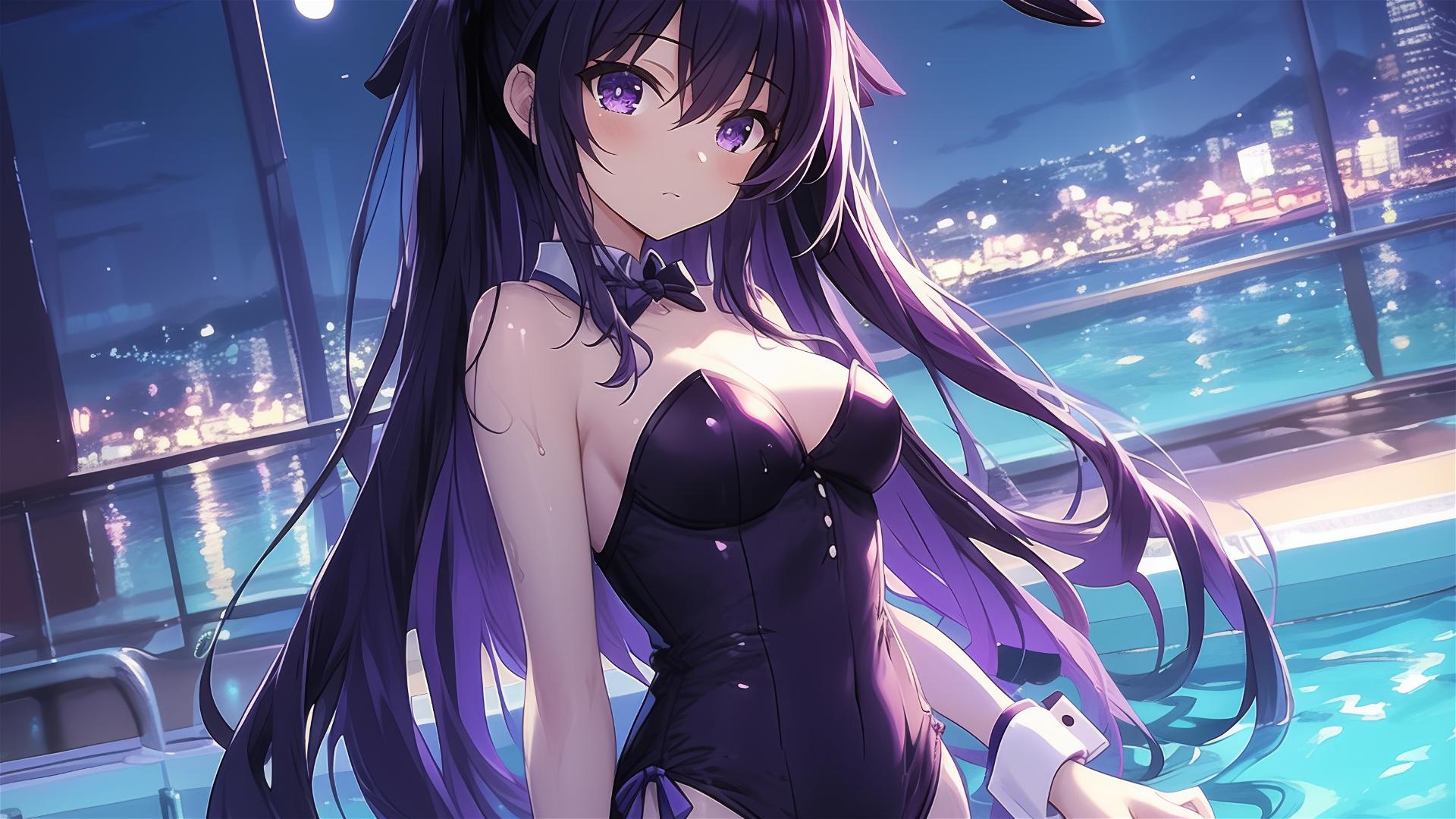Tohka Yatogami in pool under moonlight in bunny girl style