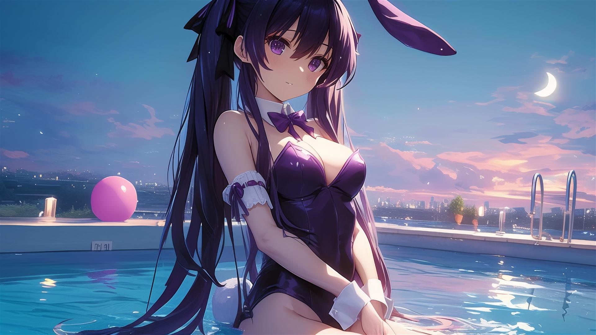 Tohka Yatogami from Date A Live in pool under moonlight, bunny girl style