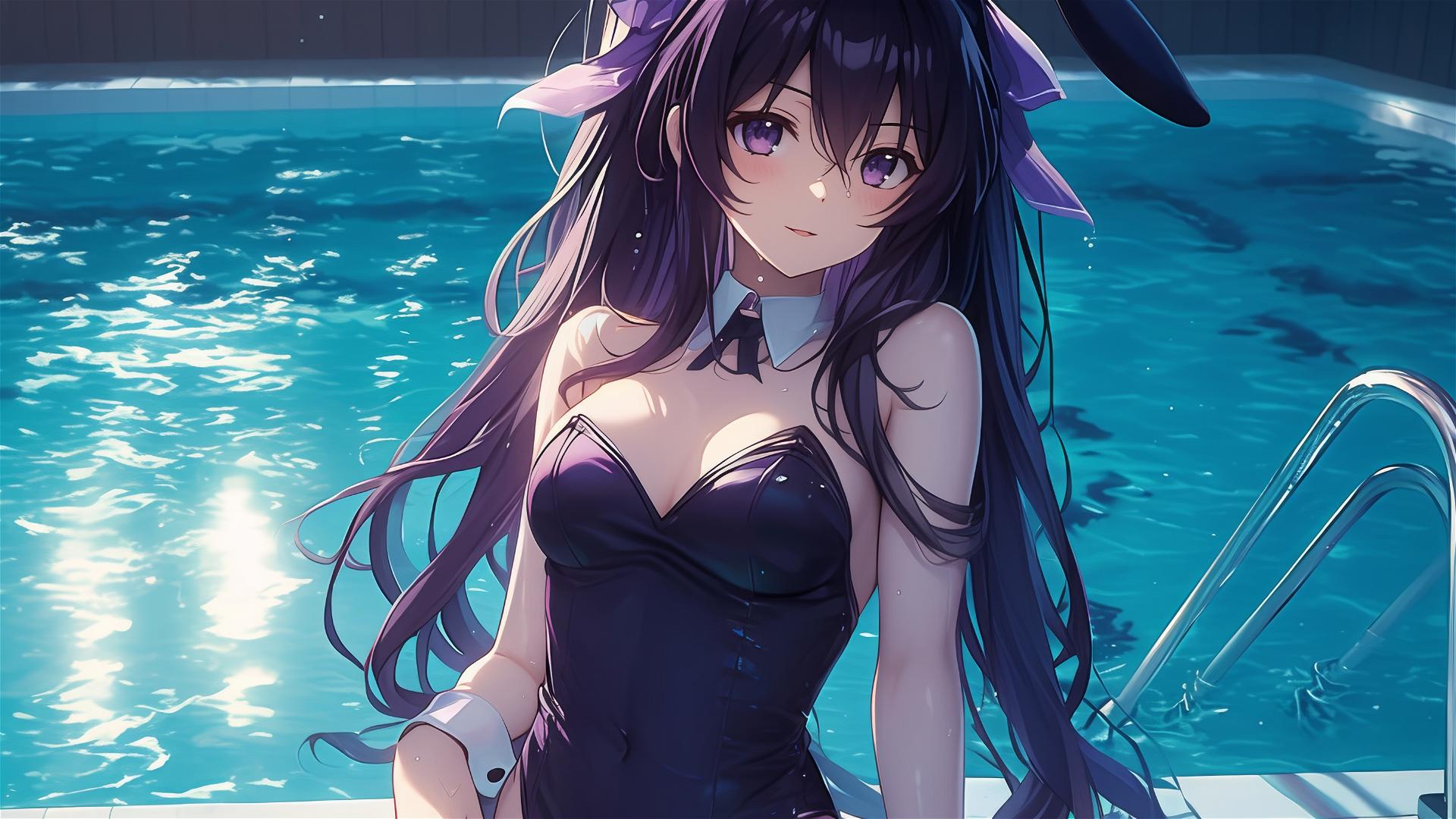 Tohka Yatogami in a pool under moonlight, bunny girl style