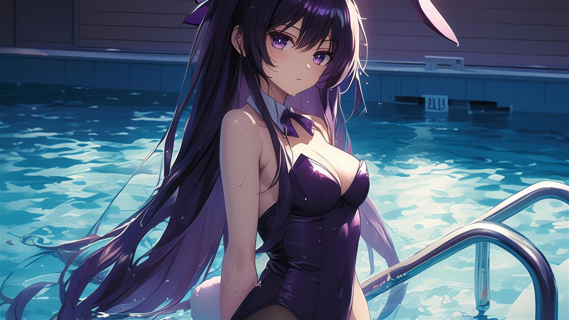 Tohka Yatogami from Date A Live in a bunny girl outfit standing in a pool under moonlight