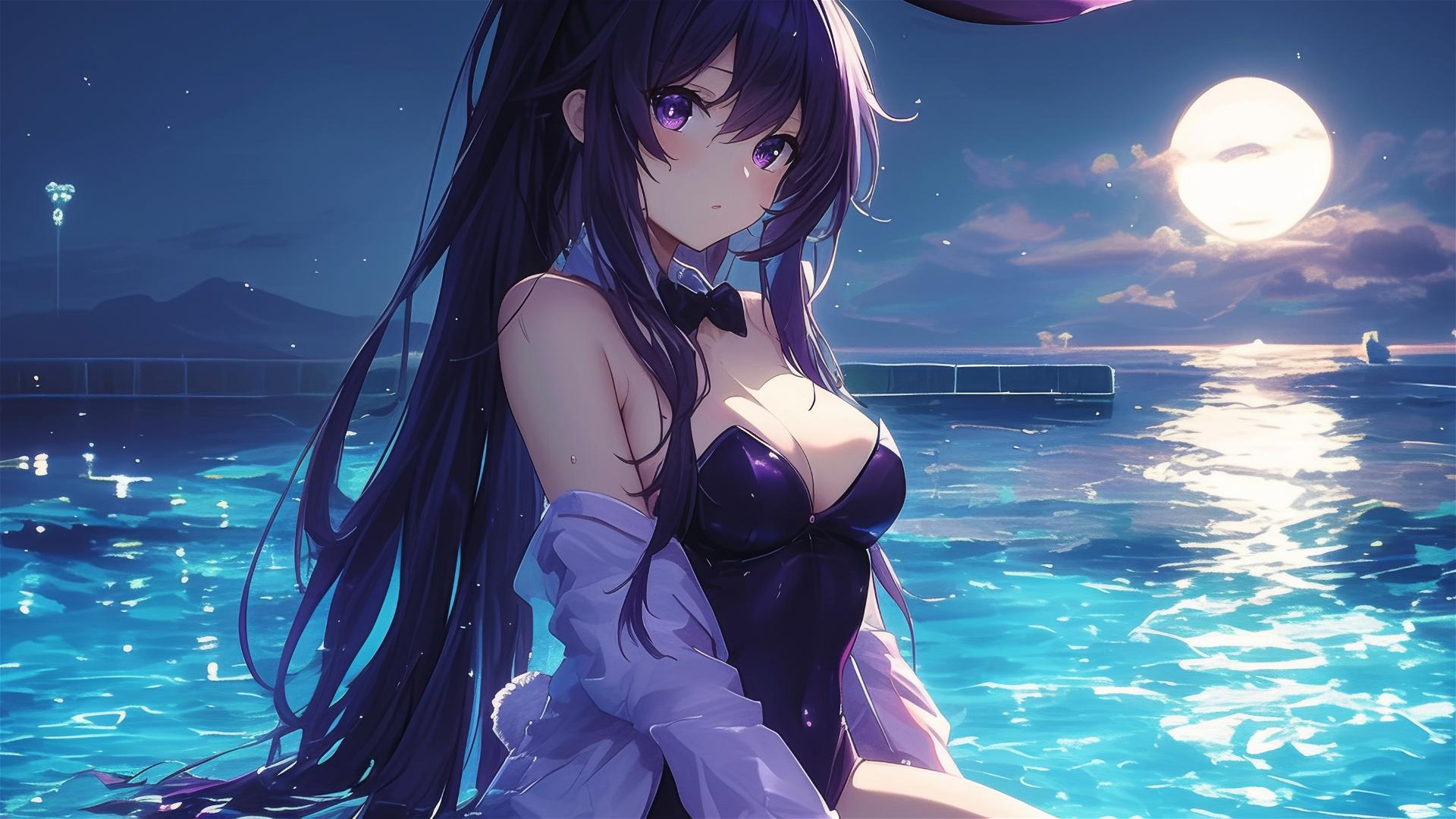 Tohka Yatogami in bunny girl style in pool with moonlight glow