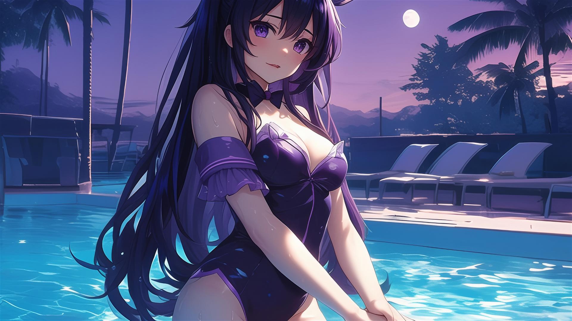 Tohka Yatogami from Date A Live standing in a pool under moonlight, bunny girl outfit