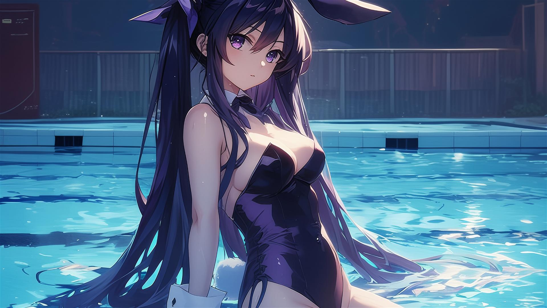 Tohka Yatogami from Date A Live standing in a pool under moonlight, in bunny girl style with purple hair.