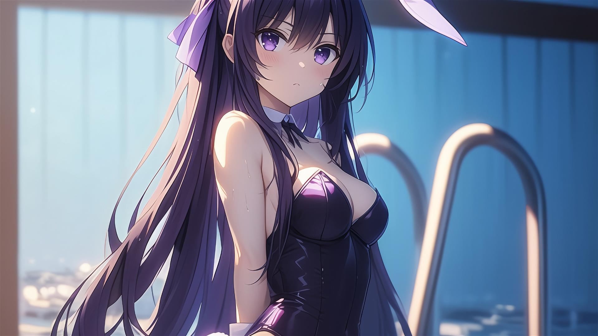 Tohka Yatogami from Date A Live in a pool under moonlight, dark-purple hair, eyes, bunny girl style